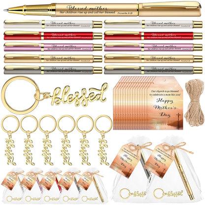 Spakon 100 Sets Church Gift Bulk for Mothers Day Blessed Bible Verse Ballpoint Pens Blessed Keychain Christian Cross Happy Mother's Day Tag for Godmother
