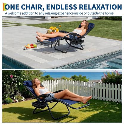 Garvee Outdoor Reclining Lounge Chair Set of 2 with Cup Holder & Padded Headrest, Adjustable Patio Folding Chairs, Heavy Duty Portable Camping Lawn Chairs for Pool, Backyard, Beach, Deck Blue