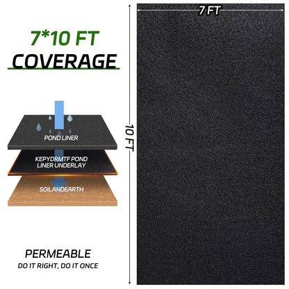 KEPYDRMTF 7 x 10 Feet Pond Liner Underlayment, Outdoor Ponds Underlayment, Non-Woven Geotextile with 15 U-Pins for Landscaping Streams Fountains and Garden Waterfall