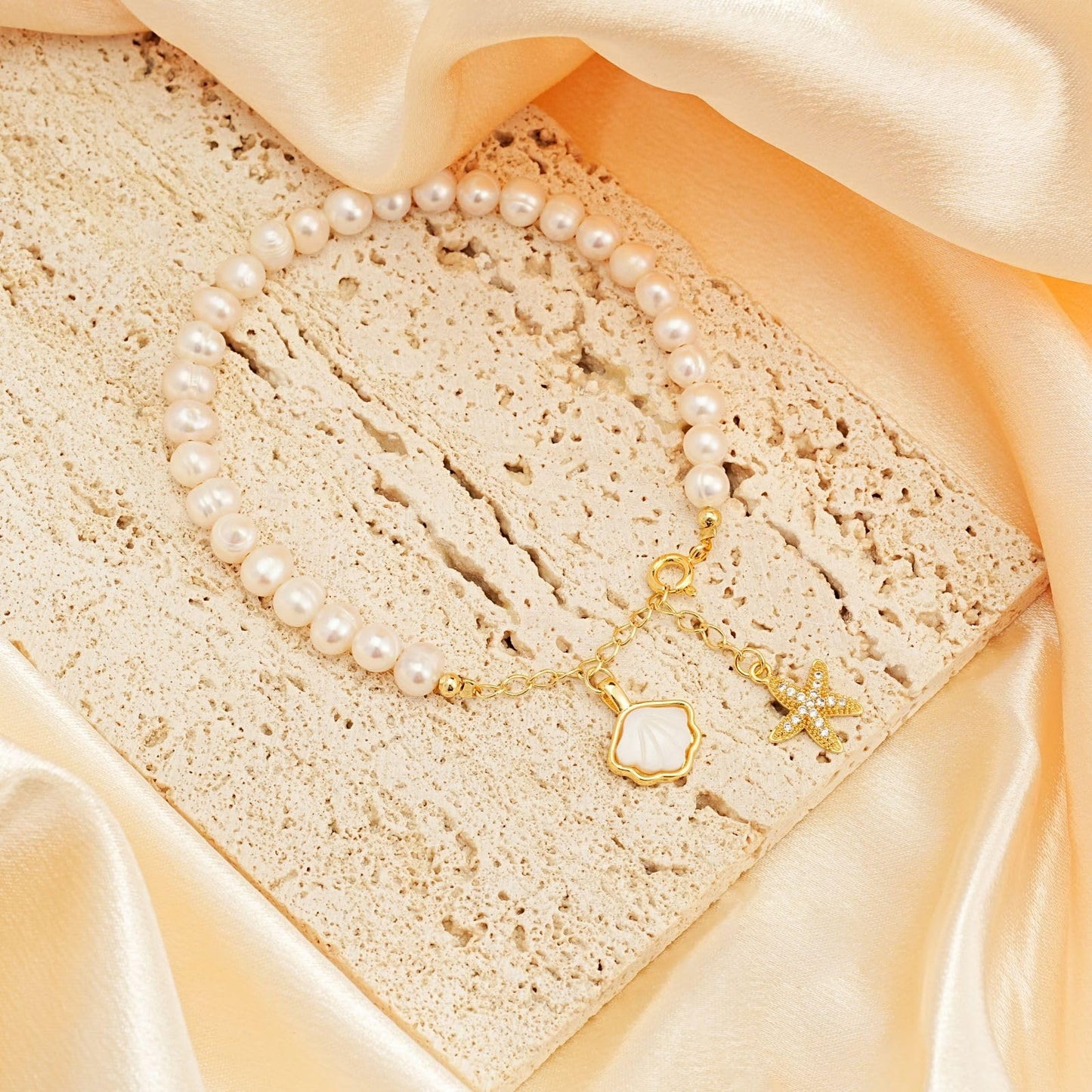 Sylph Baroque Pearl Bracelet for Women Natural Freshwater Pearl Bracelet with Starfish shells Gold Link Chain Bracelet Ladies Wife