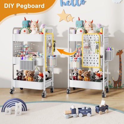 3 Tier Rolling Cart Metal with DIY Pegboard, White Utility Cart with Lockable Wheels, Three Tiered Craft Cart Organizer on Wheel, Utility Roller Storage Carts for Art, Baby Diaper Caddy, Snack, Book