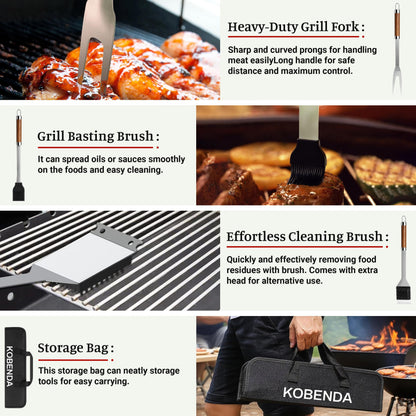 KOBENDA BBQ Grill Accessories, Stainless Steel Grilling Set with Storage Bag, Spatula, Fork, Cleaning Brush BBQ Accessories, Grill Tools Set for Outdoor Cooking Camping, Grilling Gifts for Men