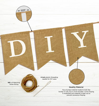 Pre-Printed Banner Kit – 97 BURLAP Flags with WHITE Letters, Numbers & Symbols, Reusable DIY Custom Banner, Make Your Own Personalized Party Banner, Faux Burlap, Includes Twine & 2 Needles