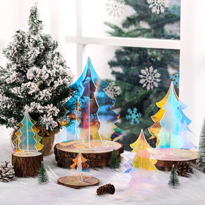 Amyhill 5 Set Holographic Christmas Tree Decor for Fireplace Mantel Iridescent 3D Christmas Tree for Window Shelves Table Centerpieces Modern Party Winter Decor