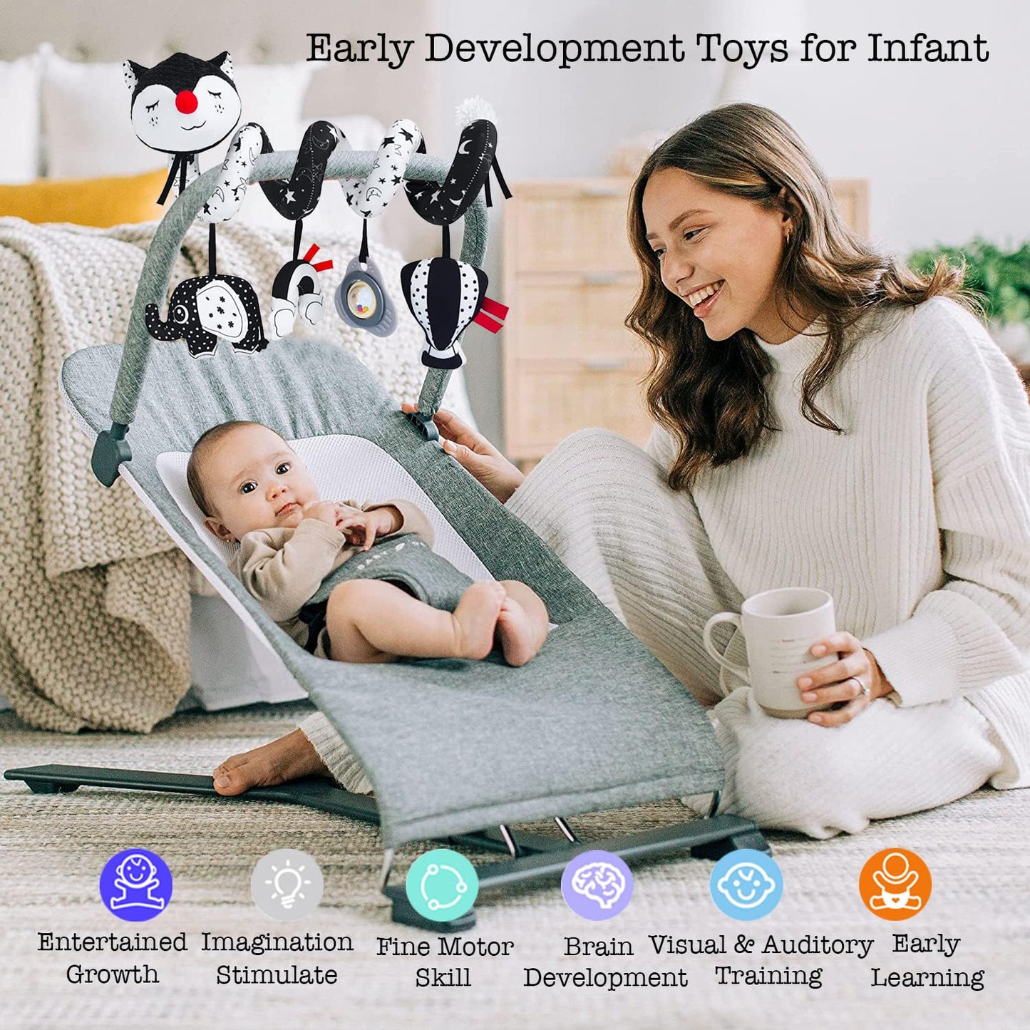 ORZIZRO Car Seat Toys, High Contrast Black and White Toy for Infants 0-3 6 12 Months, Musical Black Fox Carseat Toys Stroller Toy for Babies Newborns