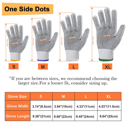 Evridwear Cotton Polyester String Knit Shell Safety Protection Work Gloves for Painter Mechanic Industrial Warehouse Gardening Construction Men & Women 12 Pairs, With one Side Dots, L Size