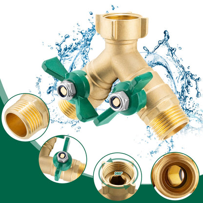 Garden Hose Splitter 2 Way, Heavy Duty Brass Hose Splitter, 3/4" GHT Hose Y Splitter with Shutoff, Full Flow Outdoor Faucet Splitter, Water Hose Y Valve Tap Adapter