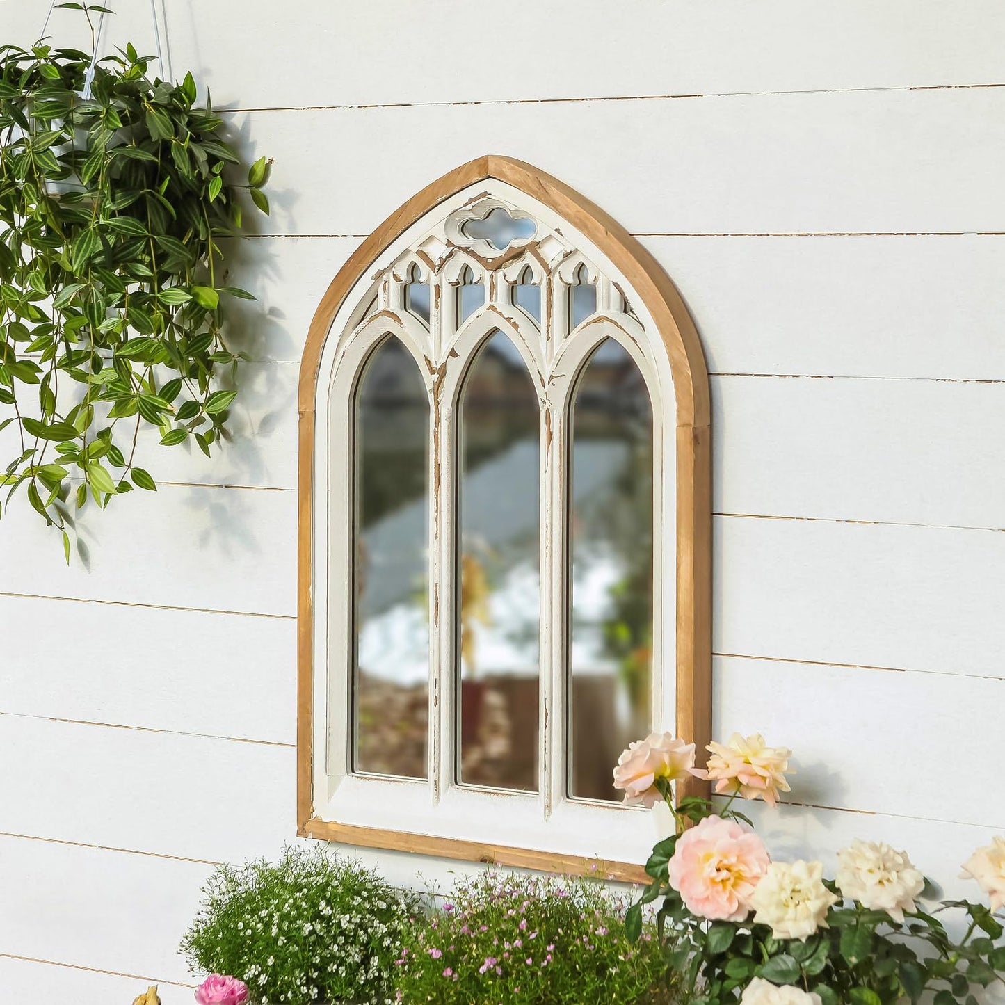 Synovana Arch Window Wall Mirror - Farmhouse Cathedral Wall Decor with Wooden Frame for Entryway Hallway Living Room - 16.14" x 1.38" x 25.2"