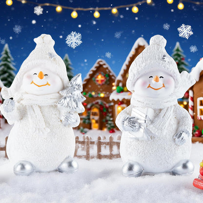 Brizoria Snowman Figurines Set of 2 White Resin Christmas Decorations with Silver Accents Winter Mantel Decor and Holiday Centerpieces for Table Home Indoor Tiered Tray Room Display