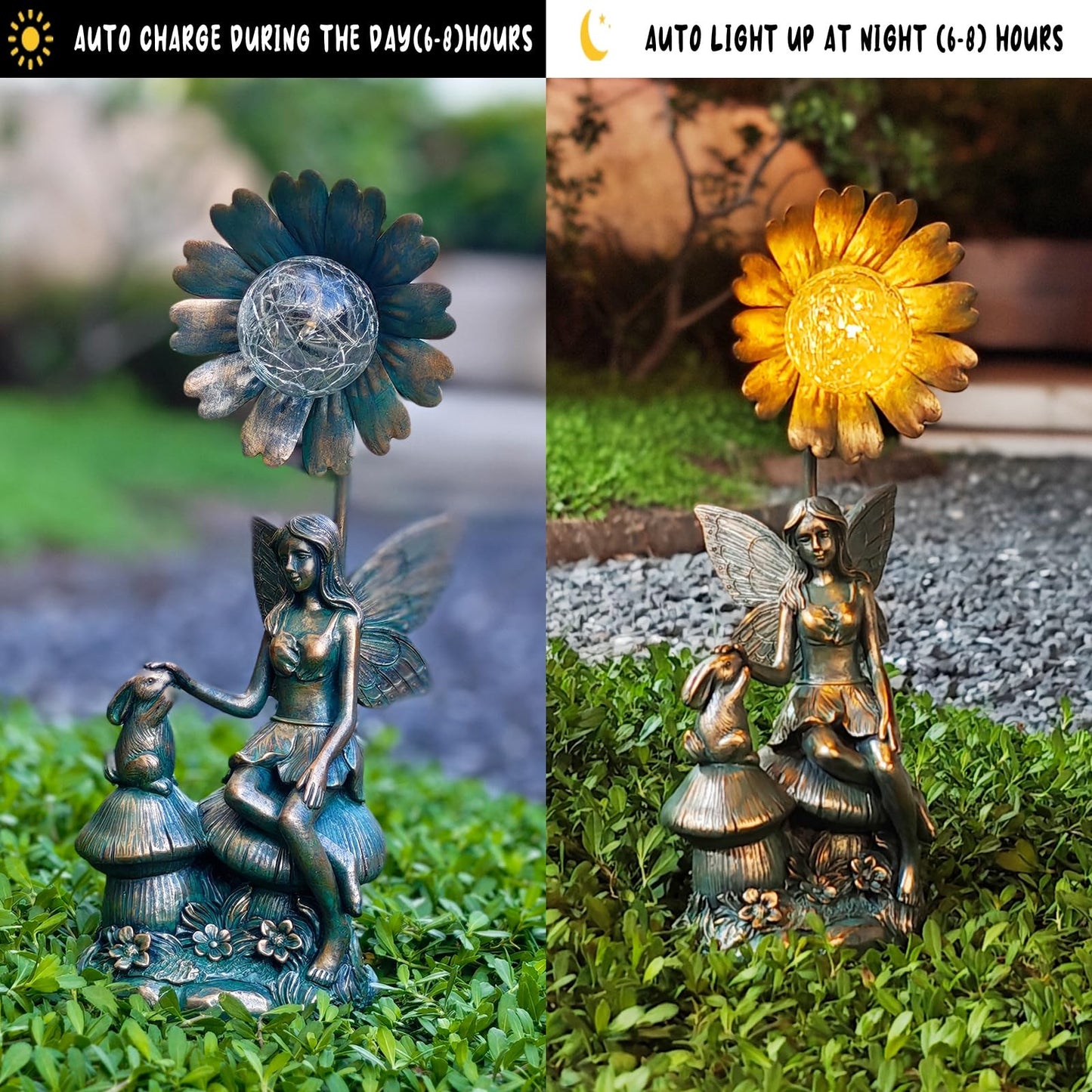 LIFESEEK Garden Solar Fairy Statue - Mushroom Seat, Touching Rabbit, Iron Flower Glass Ball, Whimsical Outdoor Ornament