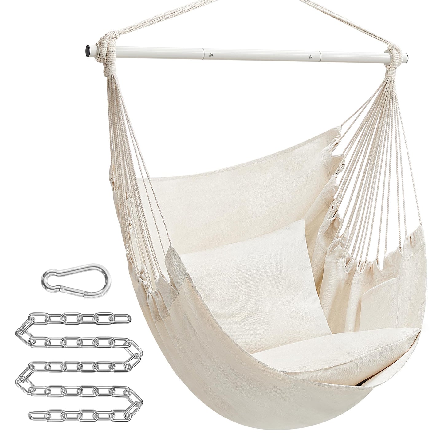 SONGMICS Hammock Chair, Load Capacity 500 lb, Hanging Chair with 2 Cushions, Large Hammock Swing with Chain and Pocket, for Indoor, Outdoor, Living Room, Bedroom, Cream White UGDC197M01