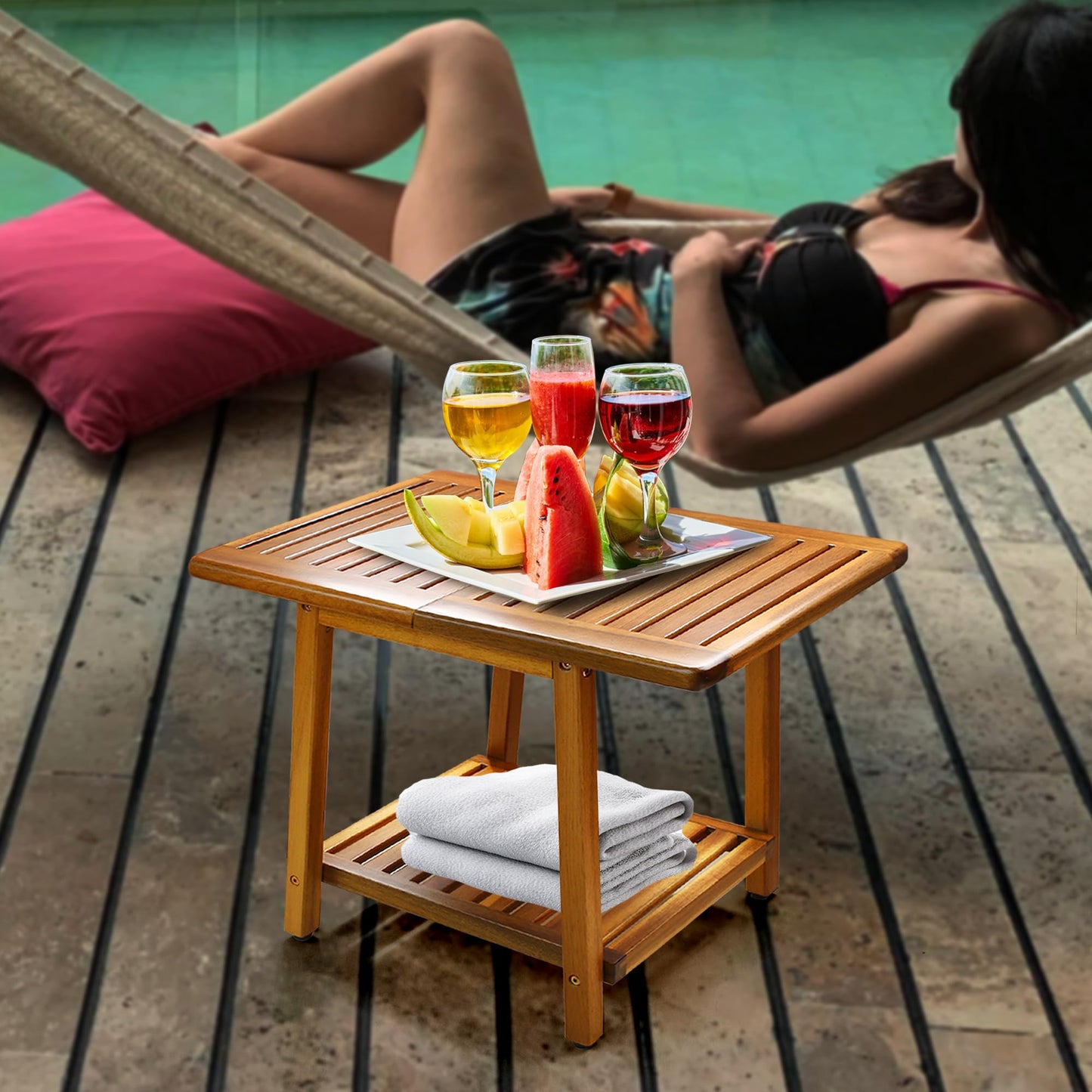 ENKEZI Acacia 24 Inches Outdoor Side Table, 2-Tier Sturdy Patio, End Table Weather Resistant, Strong Stability Side Table for Patio, Pool, Porch, Teak Finish (Large)