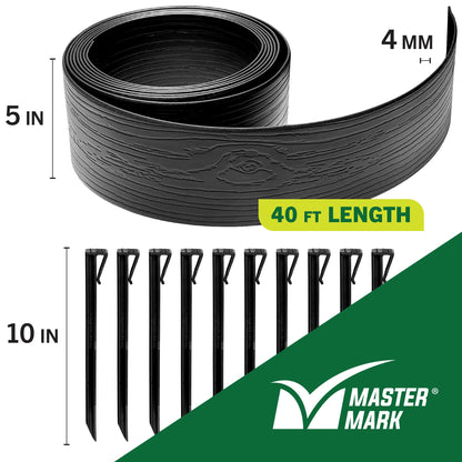 MASTER MARK Terrace Board, Landscape Coiled Edging, Grass Barrier, Bender Board, Flower Bed, Vegetable Garden Borders 5 in. x 40 ft. with 10 Stakes (Black)
