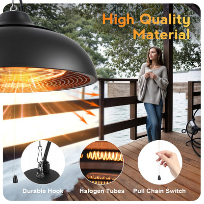 Cobuy 1500W Electric Hanging Patio Heater, 3S Instant Heat, Ceiling-Mounted Outdoor Heater with 3 Modes, Quiet Operation, Overheat Protection, IP55 Waterproof for Patio, Balcony (black, hanging)