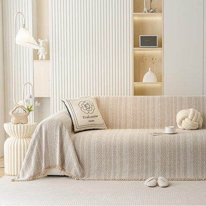 EvaLoome Chenille Sofa Throw Blanket with Herringbone Pattern and Tassel Edges, Thick & Soft Couch Cover, Machine Washable, Anti-Slip, Pet-Friendly, Fits 2/3-Seater (Beige, 71″x134″)