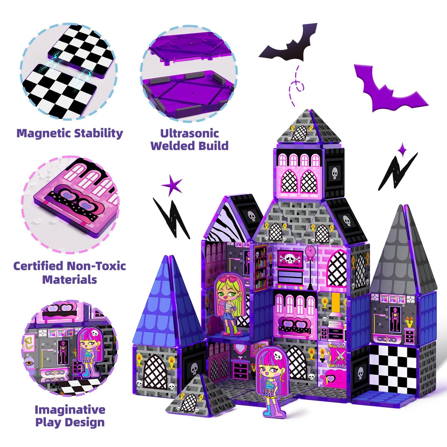 GobiDex Magnetic Tiles Doll House Building Toys, Monster Magnetic Blocks for Kids Ages 3-8,STEM Magnet Toys Birthday for 3+ Year Girls,Haunted Castle Playset