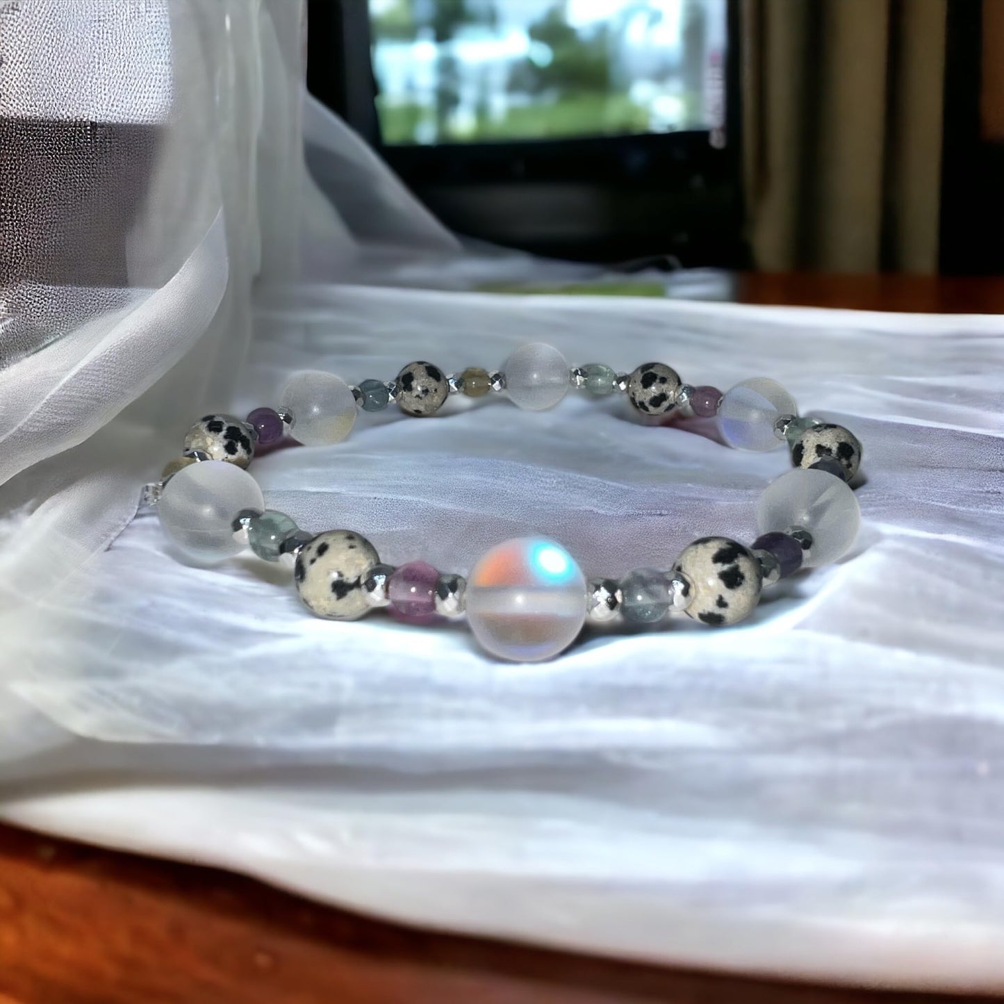 “BUBBLES BRACELET” (Mermaid Moonstone Crystal Glass & Fluorite) Natural Gemstone Healing Bracelet - [7 inches]