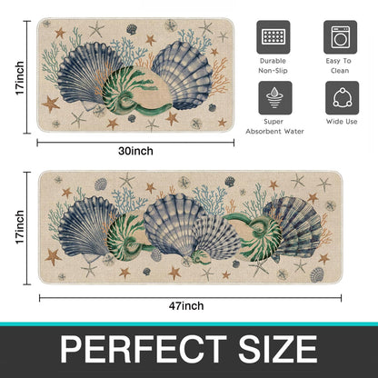 Faptoena Shells Coral Whelks Starfish Kitchen Rugs Set of 2,Ocean Theme Kitchen Mats for Floor,Summer Beach Sink Mats Home Decor Doormat+Runner Rug