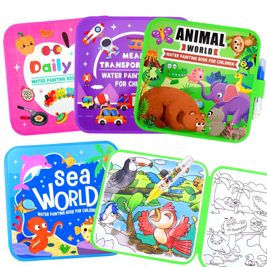 Vodolo Water Painting Book for Toddlers - 4 Pack Reusable Magic Water Coloring Book with 4 Water Pen, Mess Free Painting for Toddlers,No Mess Paint Coloring for Ages 3+ Travel Activity Toys