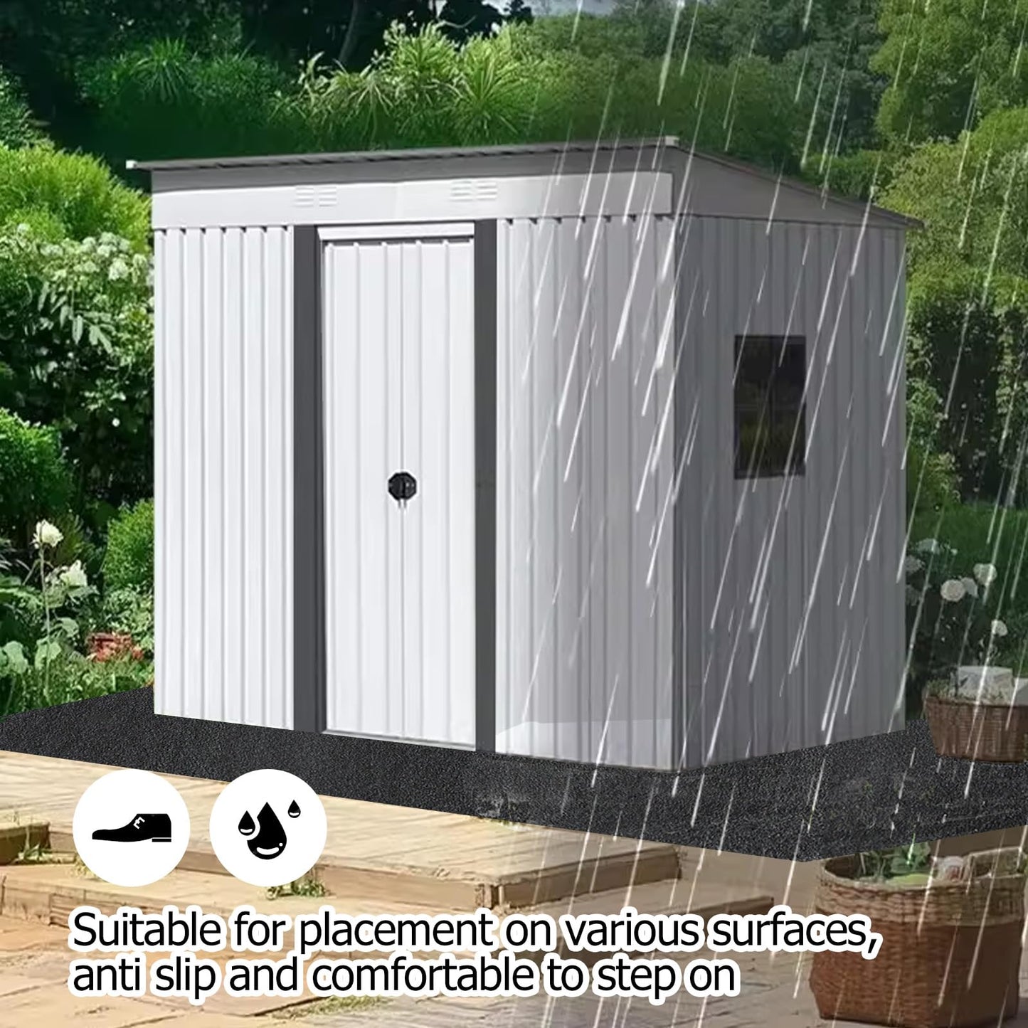 RUNZEG Outdoor Storage Shed Floor Mat, 8.2*10.2FT Waterproof Washable Garden Flooring Pad with Non Slip Backing, Soft Furniture Patio Covering Carport dust Oil Mat-Tool Shed, Storage Shed Not Included