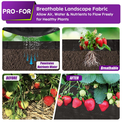 PRO-FOR 3FT x 100FT 3.2oz Heavy Duty Weed Barrier Landscape Fabric – Premium Woven Ground Cover for Gardening, Farming & Driveways, Breathable Weed Control Cloth with 10 U-Shaped Securing Pegs