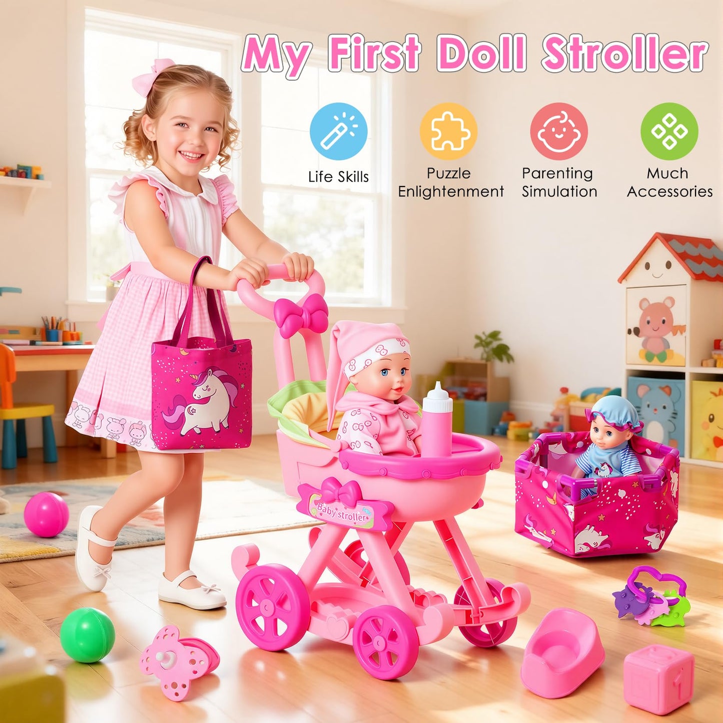 HUITEM Baby Doll Stroller Toys Set, 17 PCS Baby Doll Accessories Stroller Toys with Baby Dolls,2 Sets Doll Clothes, Playpen, Handbag, Feeding Nursery Pretend Play Gifts for Girls Toddlers 3 4 5