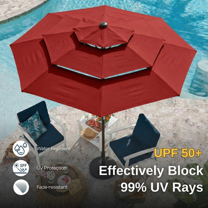 Tobeos 10ft 3 Tier Patio Umbrella, Outdoor Market Table Umbrella with UPF 50+ Vented Canopy, 8 Sturdy Ribs, Easy Push Button Tilt and Crank, Windproof for Deck, Pool, Backyard and Garden, Red