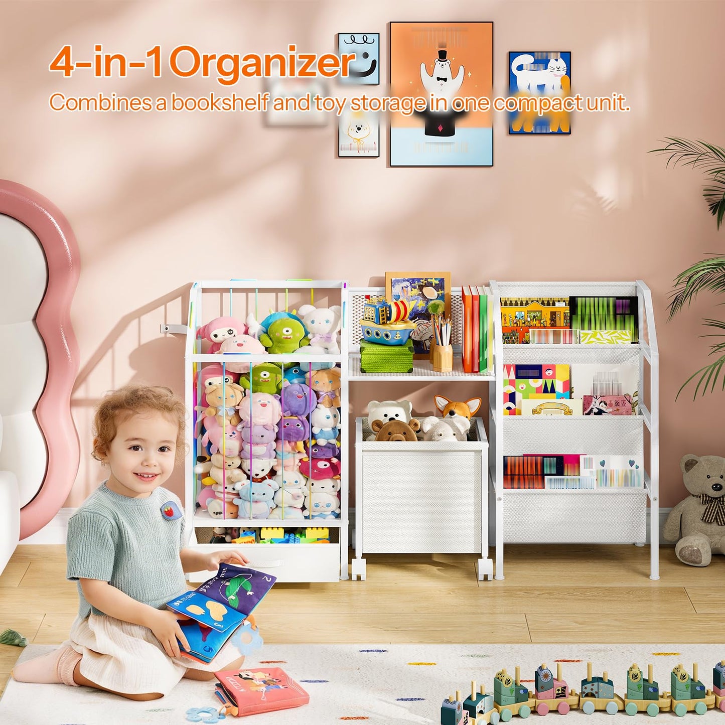 HOOBRO Kids Bookshelf and Toy Storage, 4-in-1 Book Shelf for Kids Rooms, Toy Storage Organizer with Stuffed Animal Storage, Drawer and Rolling Bin, Toddler Shelf for Nursery, Playroom, White WT39CW01