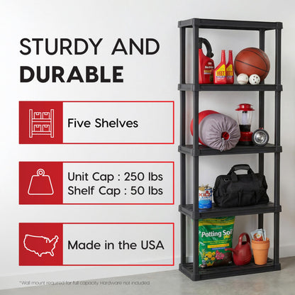 IRIS USA 5-Shelf Light Duty Plastic Storage Shelves, 250lb Capacity, 64" H x 24" W x 12" D, Medium Modular Shelving Unit Storage Organizer for Bathroom, Laundry, Garage & Home, Storage Rack - Black