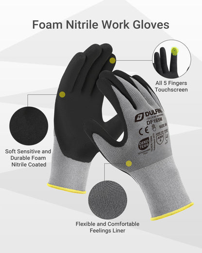 DULFINE Work Gloves for Men and Women,Grey Knit Nylon Glove with Touchscreen MicroFoam Nitrile Coated-6 Pairs Pack,Ideal for General Purpose,Automotive,Home Improvement,Painting(Small)