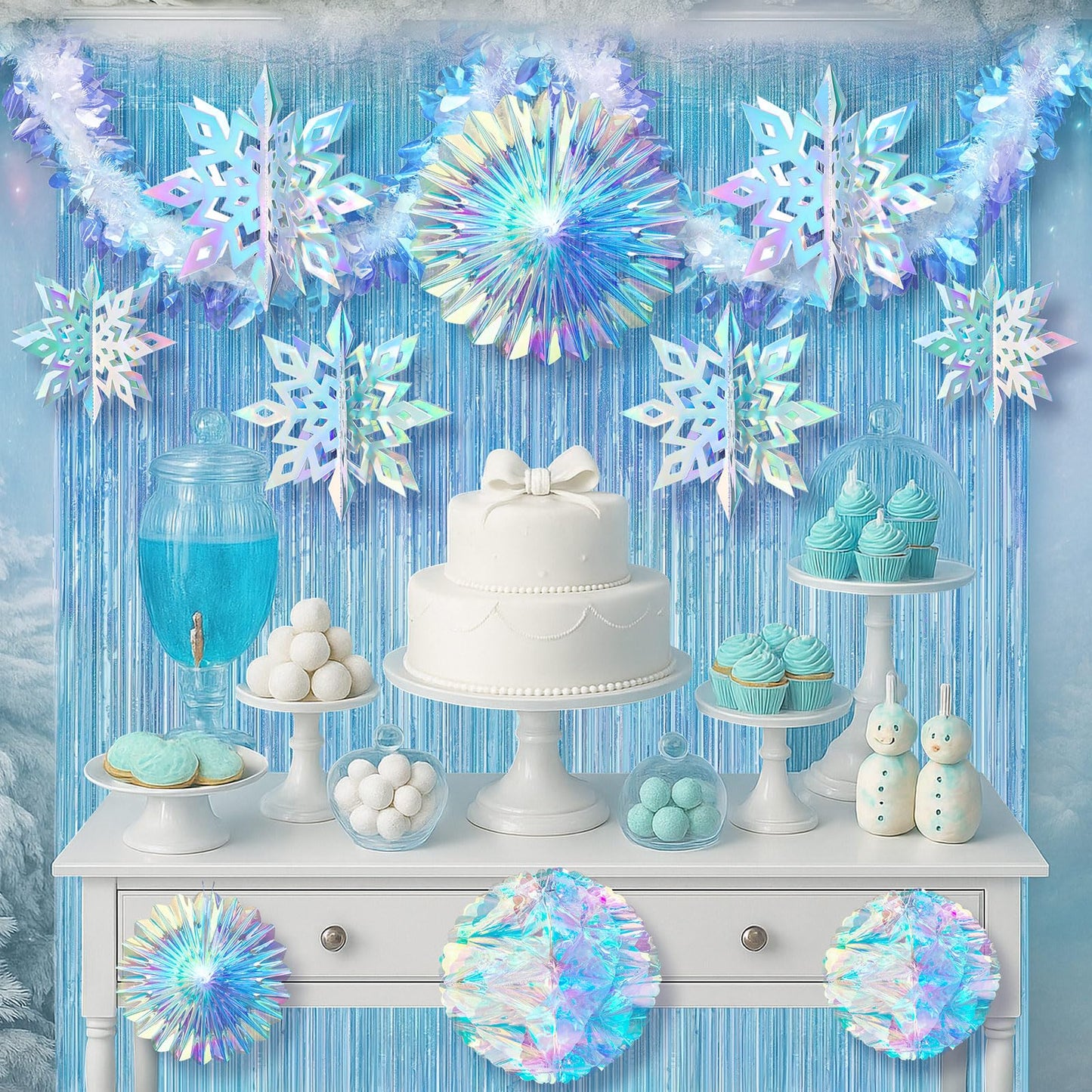 Soulchen 14 Pcs Winter Wonderland Snowflake Party Decorations Baby Shower Party Ornament with 6ft Backdrop Snowflake Hanging Honeycomb Fan and Garland for Baby Its Cold Outside Decor