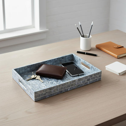 PEMAR Rectangular Mother of Pearl Serving Tray Nacre Wood Lap Ottoman Tray for Coffee Table, Luxury Decorative Handmade Eating Platters w Insert Handles (Blue Mosaic)