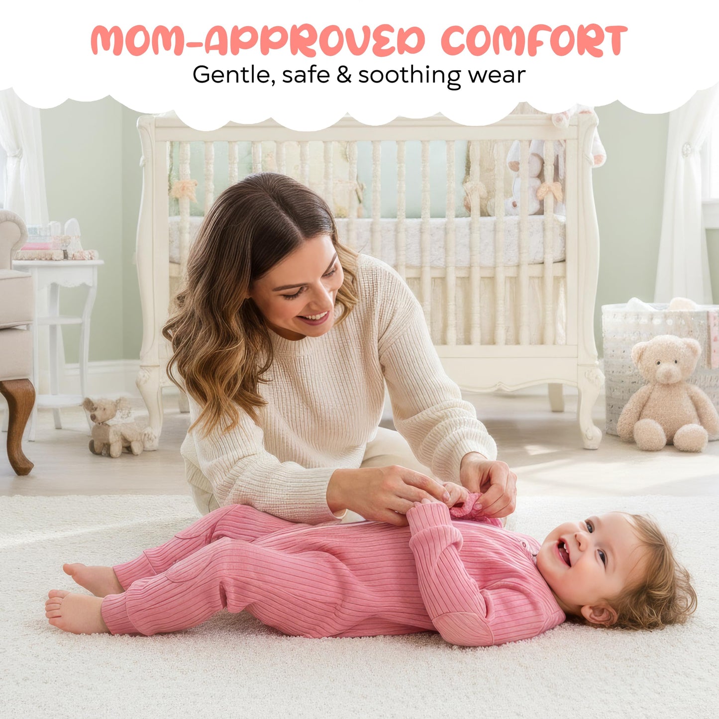 NurtureNauts® Crawling Baby Romper with Built-in Knee & Elbow Pads - 100% Cotton, 2-Way Zipper, Tagless for Active Babies (Pastel Pink, 12–18 Months)