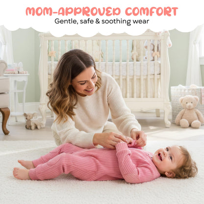 NurtureNauts® Crawling Baby Romper with Built-in Knee & Elbow Pads - 100% Cotton, 2-Way Zipper, Tagless for Active Babies (Pastel Pink, 12–18 Months)