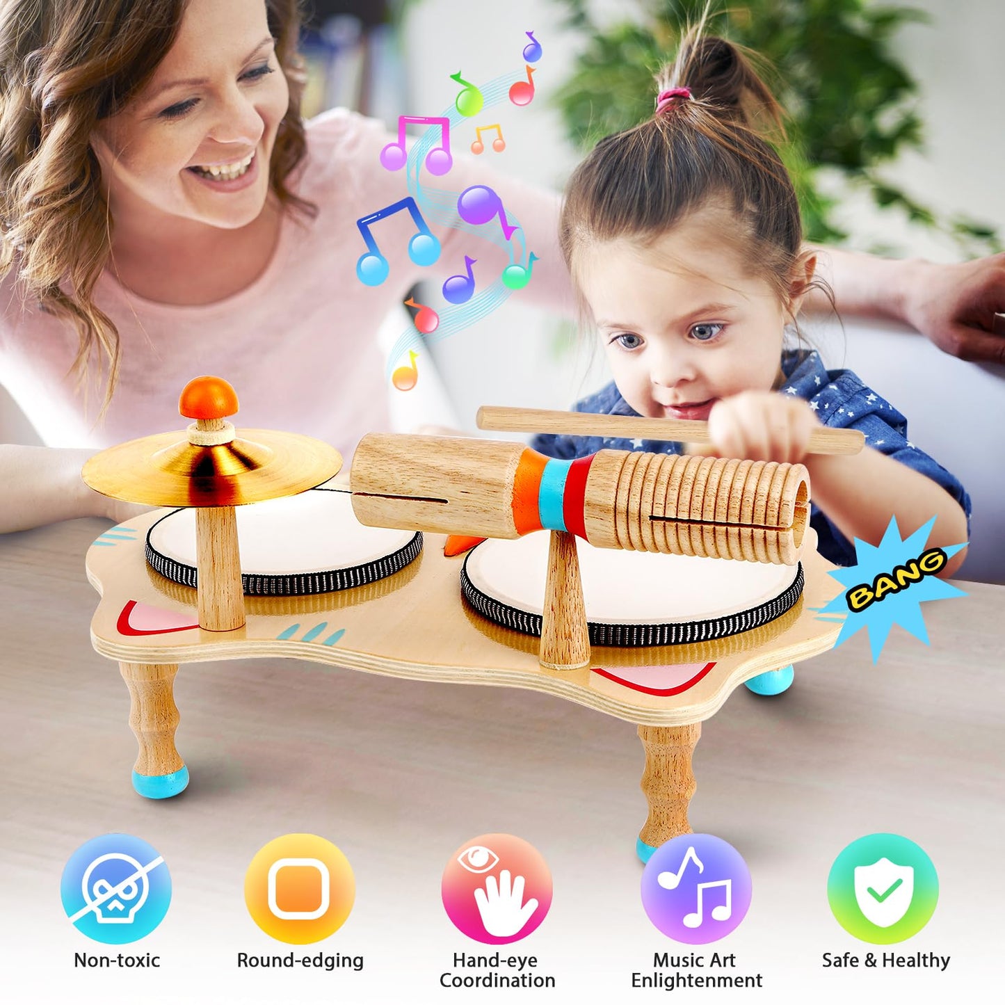 WINGYZ Kids Drum Set – 6-in-1 Wooden Musical Instruments for Toddlers 1–3, Montessori Baby Music Set with Drums, Cymbal & Tone Block, FSC-Certified Cat Design Table for Home & Classroom Learning Gift
