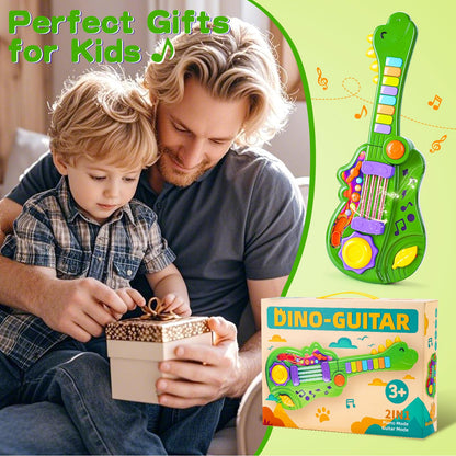Dinosaur Kids Guitar 2-in-1 Musical Instruments for 3 4 5 Year Old Boys Girls Gifts, Toddler Electric Guitar Piano Toy with Strap & Dino Design (Green)