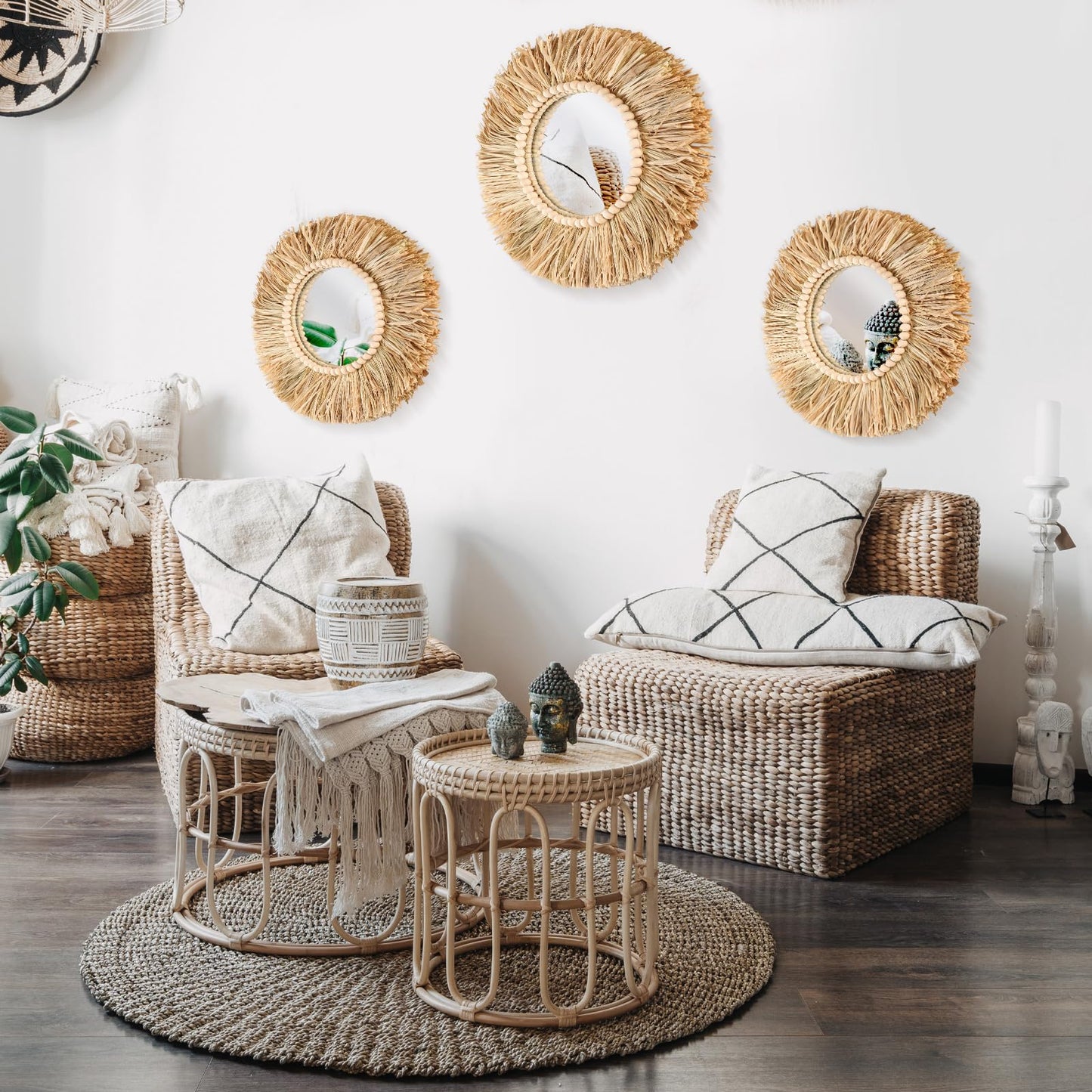Gulfmew 3 Pcs Boho Raffia Mirror Wall Hanging Decor 15.8 Inch 11.8 Inch Rustic Round Boho Circle Mirrors with Wood Bead Farmhouse Aesthetic Nursery Mirrors for Bedroom Living Room Bathroom Wall Decor