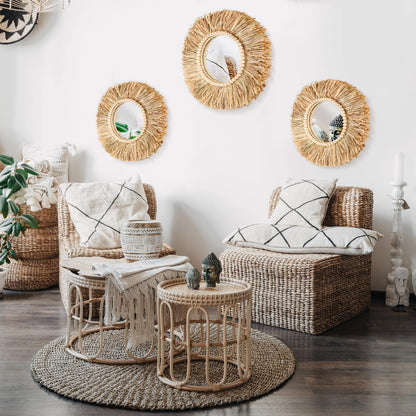Gulfmew 3 Pcs Boho Raffia Mirror Wall Hanging Decor 15.8 Inch 11.8 Inch Rustic Round Boho Circle Mirrors with Wood Bead Farmhouse Aesthetic Nursery Mirrors for Bedroom Living Room Bathroom Wall Decor