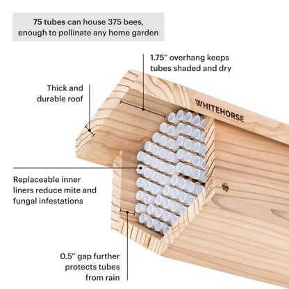 WHITEHORSE Premium Cedar Bee House - 6” Long Replaceable Tubes - Perfect for Mason Beekeeping - an Insect Hotel Built to Last - Support Bees While Pollinating Your Garden (Paper Tubes Included)