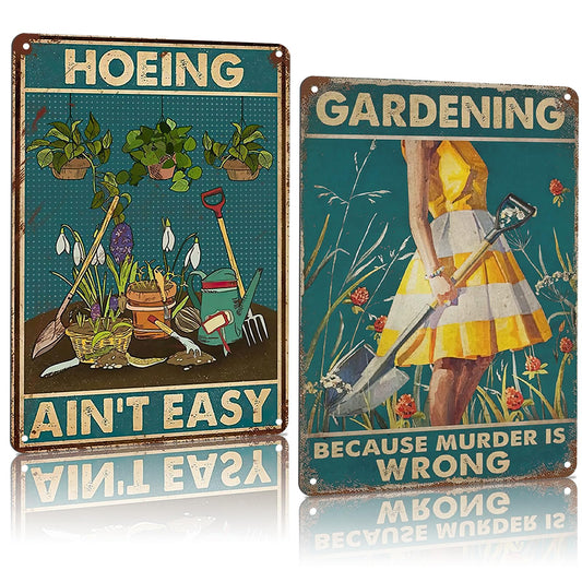 Aroutde 2Pcs Funny Garden Sign Gardening Because Murder Is Wrong Hoeing Ain't Easy Vintage Tin Plate Signs Garden Decor for Outside Yard, Backyard, Patio, Porch and Home Garden 8x12 Inch