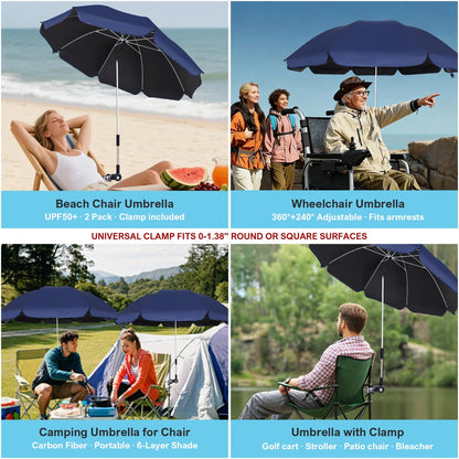 Blissun 2 Pack Chair Umbrella with Clamp, Adjustable Umbrellas for Chair, UPF50+ Sun Shade Umbrella for Beach Chair, Wheelchair, Camping Chair, Patio Chair, Golf Carts, Navy Blue