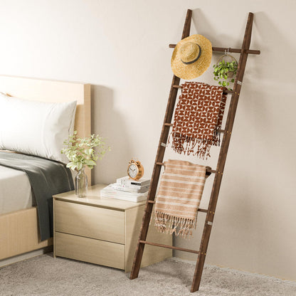chilinii Farmhouse Wooden Blanket Ladder with Removable Hooks, 6-Tier Rustic Blanket Rack Decorative Stand, Leaning Towel Quilt Rack Holder for Bathroom Living Room Decor Brown