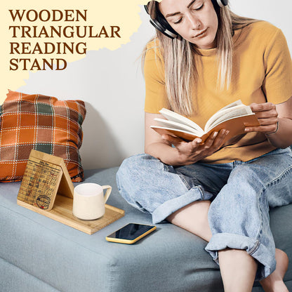Wooden Triangle Book Stand with Drink Holder, Library Card Design Book Holder Page Rest, Night Stand Book Holder with Pen Slot, Gift for Book Lovers, Readers, Librarians, Writers