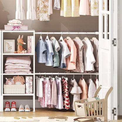 Small Closet System with Shelves, 5FT-8FT Closet Organizer System, Wooden Shelves for Closet with 2 Hanging Rods, Walk-in Closet Organizer, Adjustable Wardrobe Clothes Rack, Garment Rack, Pure White