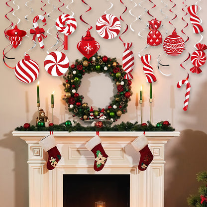 Funrous 56 Pcs Christmas Peppermint Candy Hanging Swirls Decorations Red and White Holiday Party Streamers for Home Winter Holiday Christmas Party Decor(Red White)