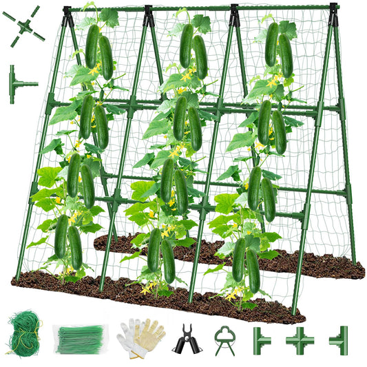 51" x 53" Cucumber Trellis for Raised Bed, A-Frame Garden Trellis for Climbing Plants Outdoor, Rust-Proof Metal Support for Tomato, Peas, Beans, Zucchini & Vines, with Netting & Clips