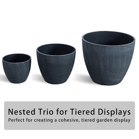 Casaphoria Large Plastic Planters Set of 3, 17/13/9 Inch Tall Plant Pots with Drainage, Modern Flower Pots for Indoor Outdoor Use, Decorative Tall Round Planters for Garden, Patio, Living Room, Blue