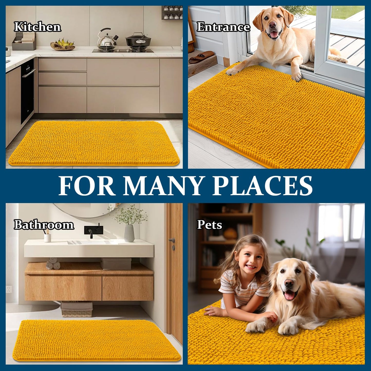OLANLY Dog Door Mat for Muddy Paws 50x30, Absorbs Moisture and Dirt, Absorbent Non-Slip Washable Doormat, Quick Dry Chenille Mud Mat, Entry Indoor Entryway Carpet for Inside Floor, Golden Yellow
