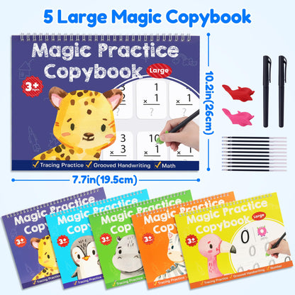 Large Magic Grooved Writing Practice Books for Kids, Reusable Grooved Handwriting Workbooks, Number Letter Tracing Books for Kids Age 3-8 Kindergarten Preschool Calligraphy
