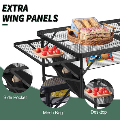 WildFinder Folding Table with 2 Wing Panels, 3x2 FT Camping Table with Mesh Desktop,Height Adjustable Folding Grill Table with Mesh Bag,Portable Outdoor Table for Picnic,Camping,BBQ,Beach(Black)